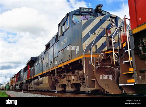 Hoffman Estates, Illinois, USA. Canadian National Railway locomotives ...