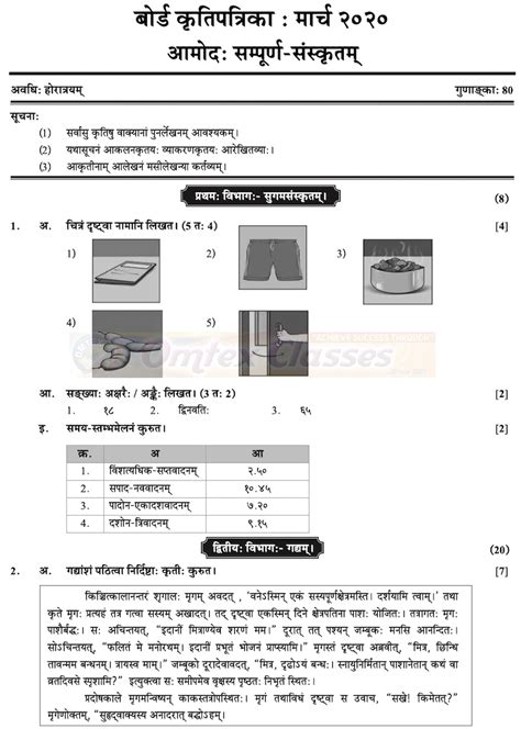 Sanskrit Question Paper For Class 10 Ssc Examples Papers