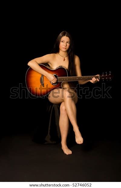 Attractive Naked Girl Plays Guitar Black Stock Photo