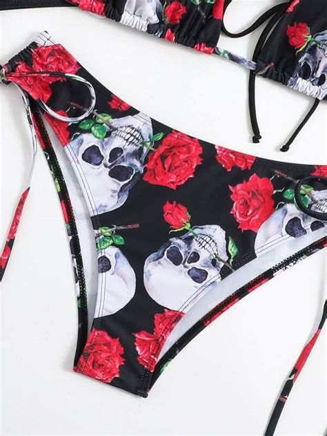 Shein Swim Y Glam Floral Skeleton Print Bikini Set Triangle Bra