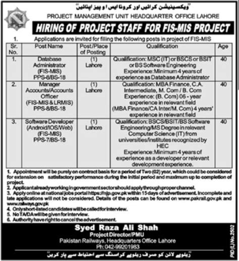 Project Staff Jobs At Pakistan Railways Lahore 2023 Job Advertisement