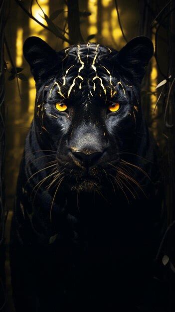 Arafed Black Leopard With Yellow Eyes In A Dark Forest Generative Ai