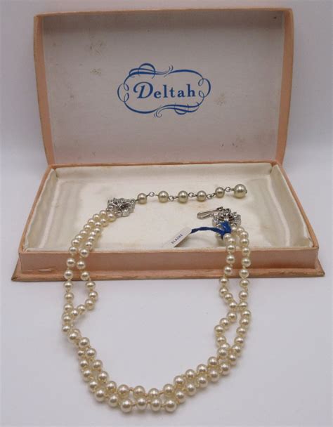 Vintage Deltah Pearls Double Strand Knotted Necklace With Rhinestone