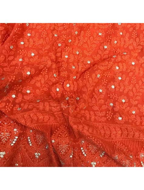 Orange Lucknowi Chikan Thread Embroidery Georgette Fabric With Border