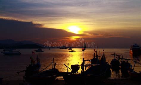 Nice Landscape Fishing Boat With Sunset At Koh Samui Thailand Stock