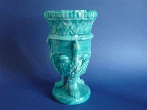 Sowerby Turquoise Malachite Slag Glass Gryphon Or Chained Swans Vase C1880 2