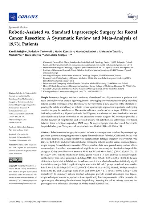 Pdf Robotic Assisted Vs Standard Laparoscopic Surgery For Rectal