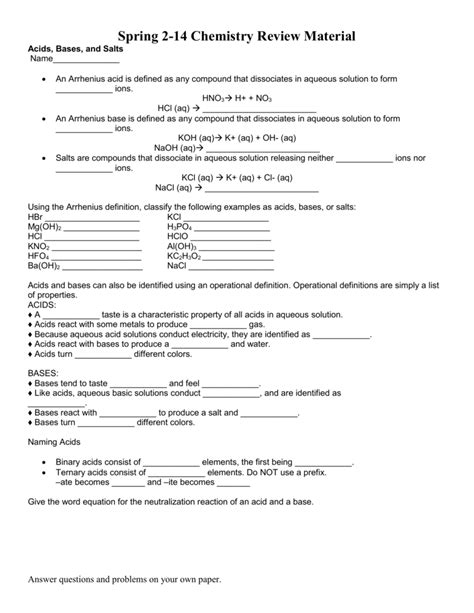 Properties Of Acid And Bases Worksheets