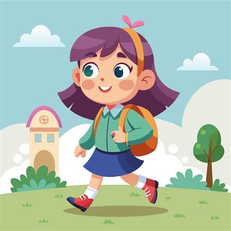 Premium Vector School Girl With A Backpack Goes To School Hand Drawn