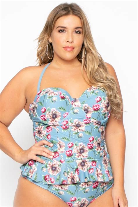 Plus Size Floral Print Tankini Slate Blue Curvy Sense Floral Print