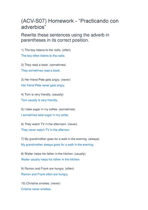 Acv Practicando Con Advervios Acv S Homework Practicando