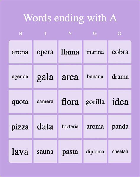 Words Ending With A Bingo Card Creator