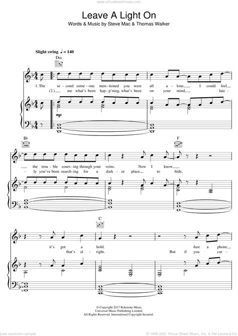 Tom Walker Leave A Light On Sheet Music For Voice Piano Or Guitar