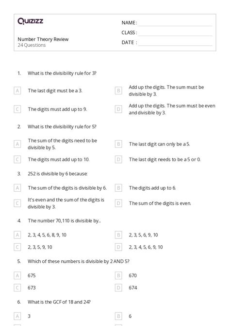 50 Number Theory Worksheets For 6th Year On Quizizz Free And Printable