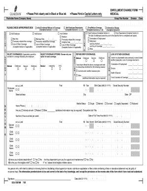 Fillable Online Enrollment Change Form Medical Please Print Clearly And