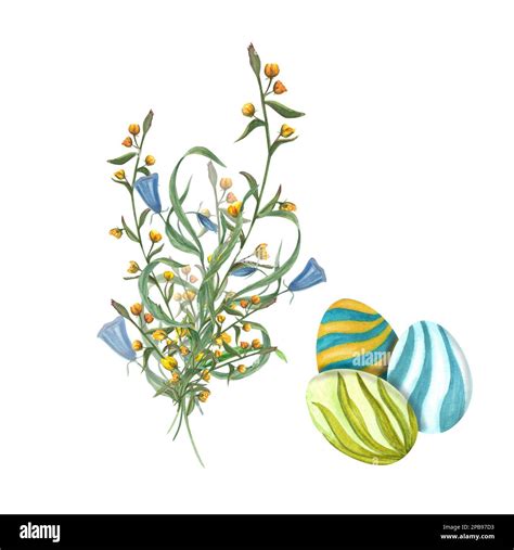 Set Of Watercolor Easter Eggs With Flowers Isolated On A White