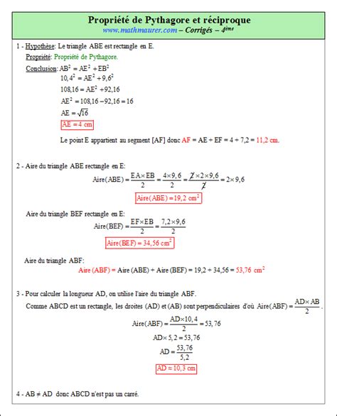 Exercices corrigés sur la propriété de Pythagore et sa réciproque en