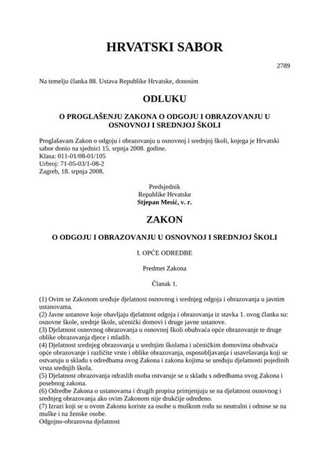 Pdf Zakon O Odgoju I Obrazovanju Hrvatski Sabor Na Temelju