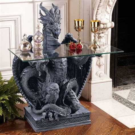 Medieval Gothic Greystone Dragon Glass Topped Sculptural Console Table New Dragon Glass