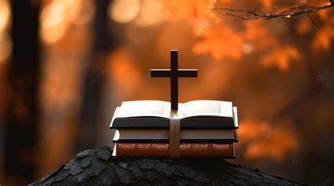 A Cross With Three Books On A Stand Fall Foliage In Front Of Dark Trees ...