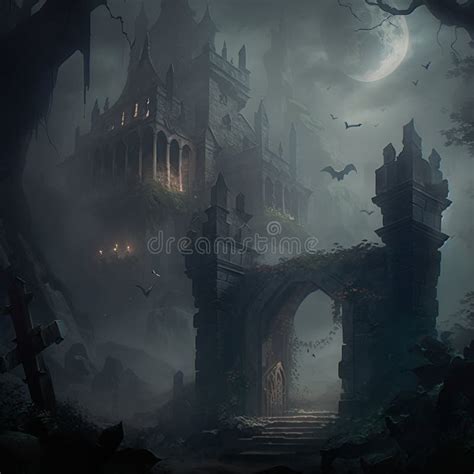 The Surroundings Of A Gloomy Gothic Castle In The Fog Stock