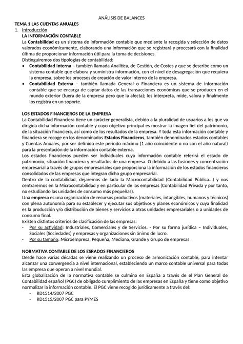 ANÁLisis DE Balances ANÁLISIS DE BALANCES TEMA 1 LAS CUENTAS ANUALES