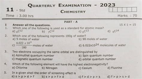 11th Chemistry Quarterly Exam 2023 Question Paper And Answer Key