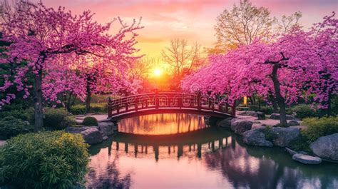 romantic sunset   japanese garden  glowing sakura trees