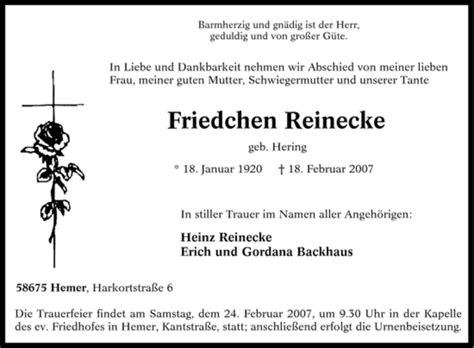 Traueranzeigen Von Friedchen Reinecke Trauer In Nrw De