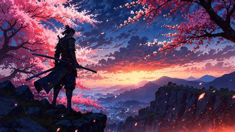 8232b Samurai Cherry Blossom Sunrise Fantasy 4K Wallpaper IPhone