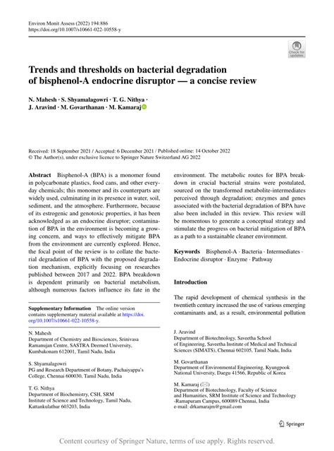 Trends And Thresholds On Bacterial Degradation Of Bisphenol A Endocrine