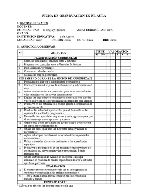 Ficha De ObservaciÓn En El Aula