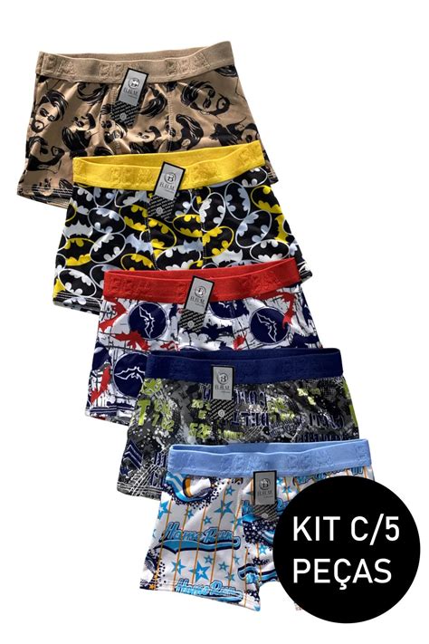 Kit C 5 Cueca Boxer Infantil Estampada BBM Lingerie Lingerie Varejo E Atacado