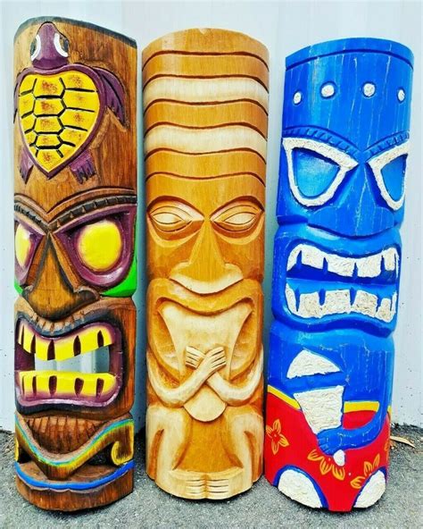 Gorgeous Handcarved Wood Set Of Three Tiki Masks Tropical Wall