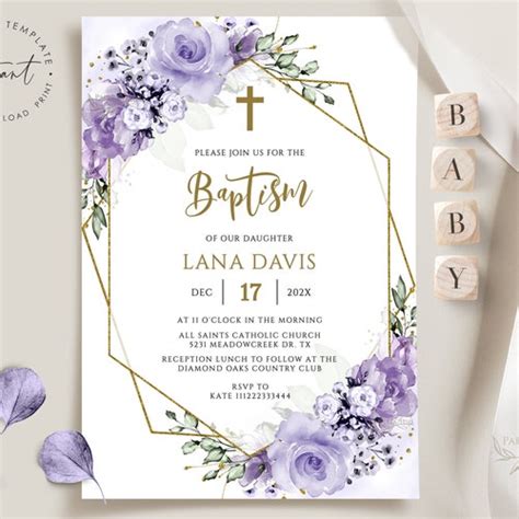 Editable Baptism Invitation Template Blue Boho Christening Etsy