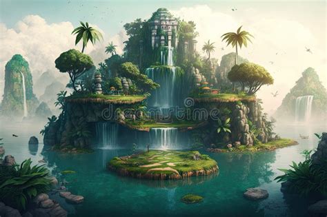 A Surreal Float Island With A Jungle Setting Surrounded By Waterfalls