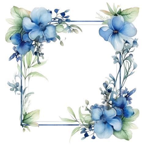 Image Of Floral Frame With Blue Flowers And Leaves On A White