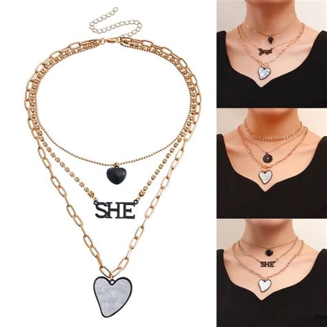 Multilayer Love Heart Charm Necklace Adjustable Pendant Neckchain For