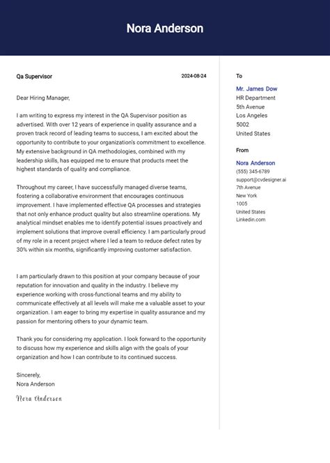 QA Supervisor Cover Letter Example For 2024 Free Templates