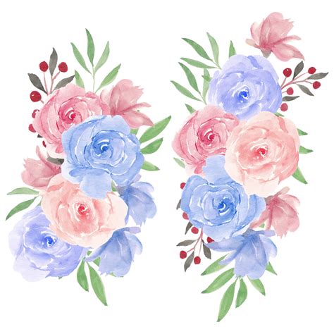 Ilustração De Buquê De Flores Em Aquarela Rosa Em Azul Rosa Vetor Premium