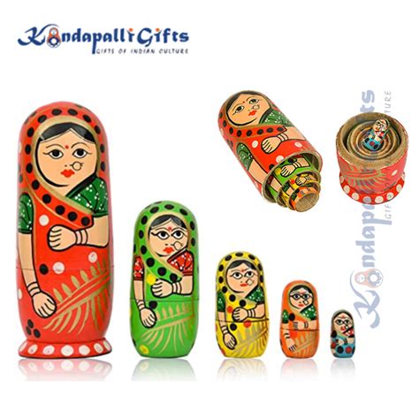 Kondapalli Gifts Handmade Hand Painted Cute Wooden Indian Women Nesting