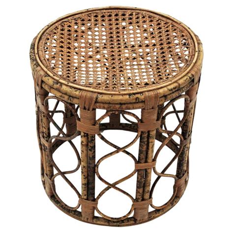 Rattan Round Stool Or End Table With Filigree Details 1960s For Sale