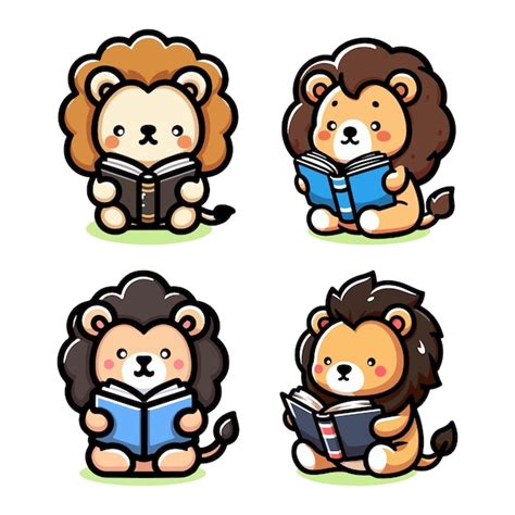 Premium Vector Set Cute Lion Reading A Book Cartoon Icon Illustration