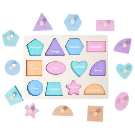 Puzzle Lemn Incastru Montessori Cu Maner 12 Forme Geometrice Pastel