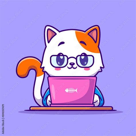 Cute Cat Working On Laptop Cartoon Vector Icon Illustration. Animal ...