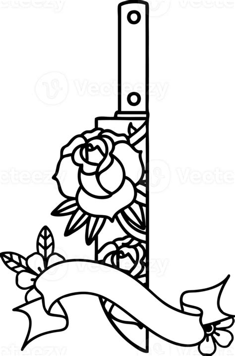 Traditional Black Linework Tattoo With Banner Of A Dagger And Flowers