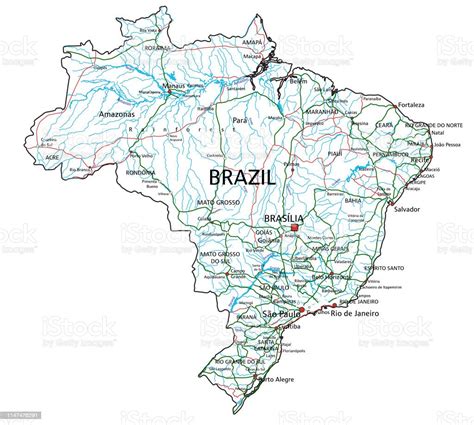 High Detailed Brazil Road Map With Labeling Stock Illustration