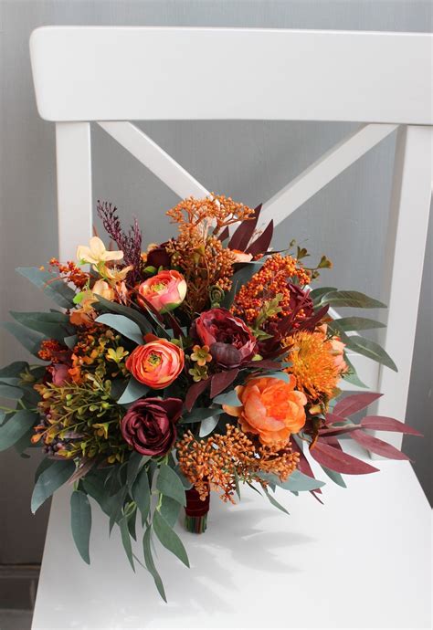 Burnt Orange Burgundy Bouquet Bridal Silk Flower Bouquet Etsy