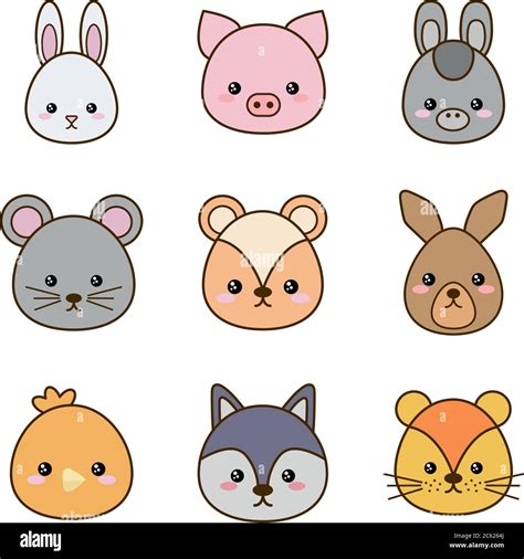 Adorable dessin animé style ligne et de remplissage Icon Set design, kawaii animaux zoo vie ...