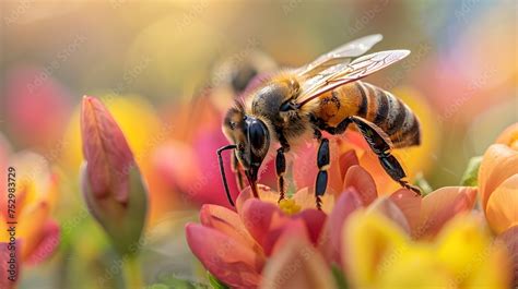 Bee On Colorful Flowers In Red And Amber Tones To Show The Beauty And